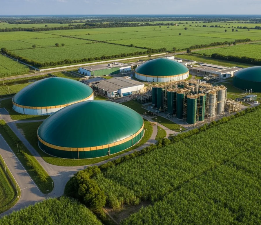 Aerial view of a compressed biogas plant with green digester domes