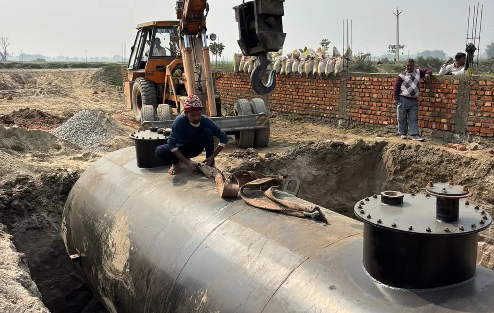 Underground fuel tank being installed at a petrol pump construction site