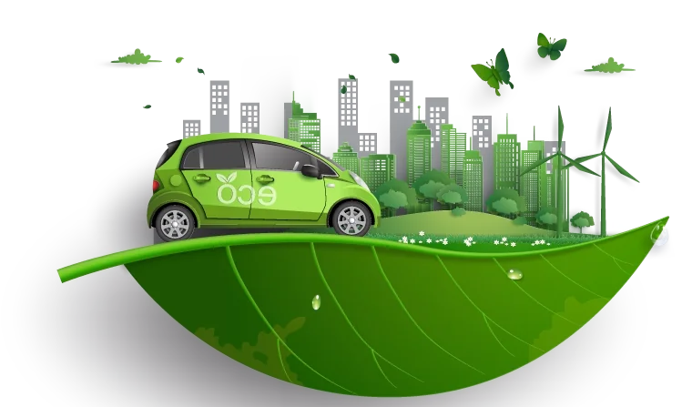 Illustration of a green car on a leaf in front of a clean city